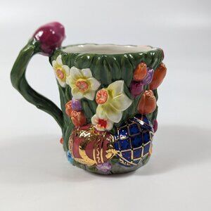 Christopher Radko 3D Floral Egg Ceramic Mug Easter Spring Decor Vintage 1999